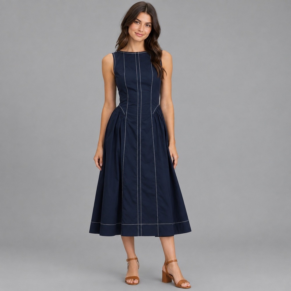J.Crew Dress Womens Size 00 Navy Blue Contrast Stitch Cotton Poplin Pockets NWT